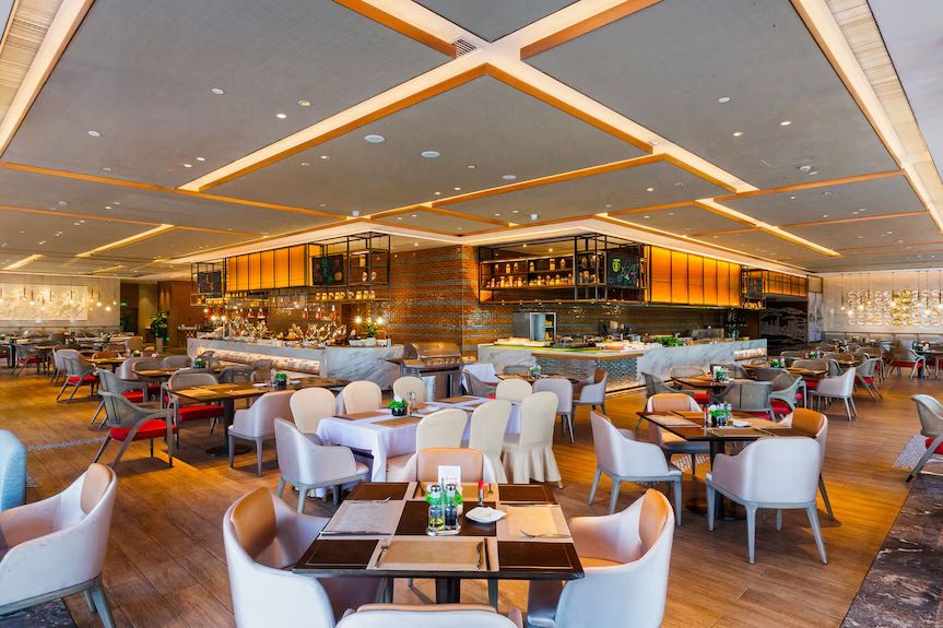 Hotel buffet restaurant with modern ceiling design